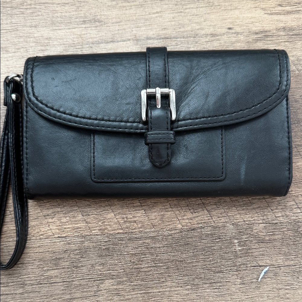 Coach Black Leather Wristlet Wallet with Buckle Strap
